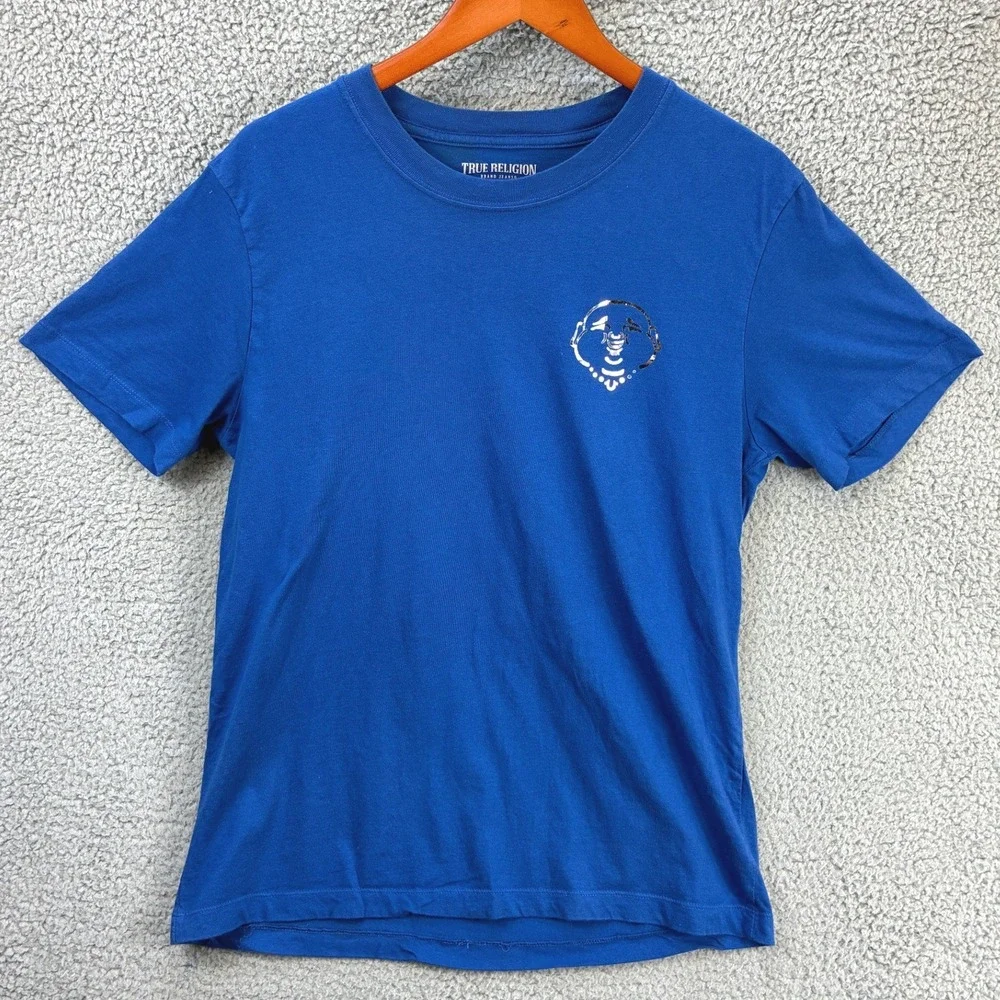 True Religion Buddha Logo Graphic T-Shirt Mens M Blue Crewneck Short Sleeve Tee